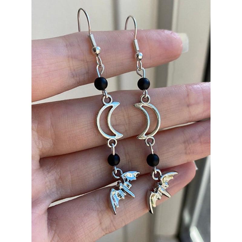 Handmade Gothic Bat Crescent Silver Earrings