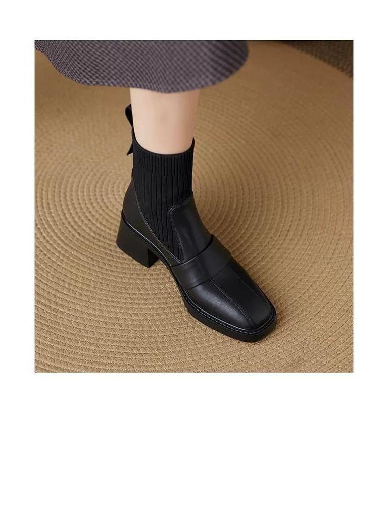 Women's Chunky Heel Knitted Short Boots 2025: Versatile Slim Fit British Style High Heel Martin Elastic Sock Boots for Autumn/Winter