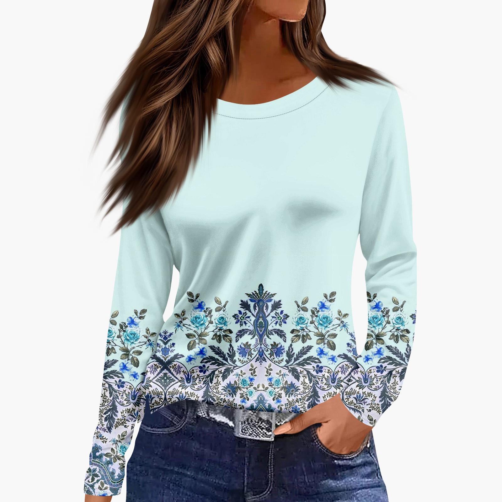 Ladies  Fashionable Casual Long Sleeved Popular Retro Floral Print Pullover Top XL небесно-голубой