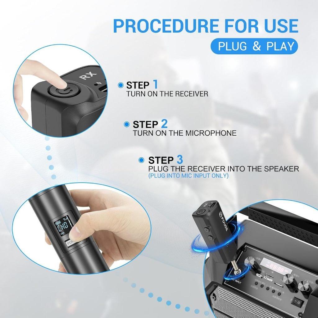 Wireless Microphone Karaoke Dual Handheld Dynamic Microphone with Rechargeable Receiver for Wedding Party Speech Church Club