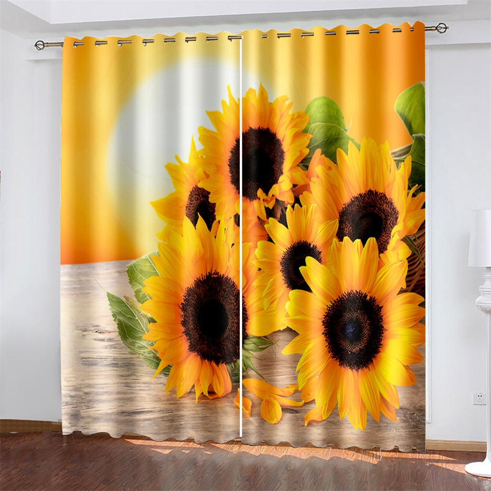 Sunflower Printed Woven Curtains Bedroom Blackout Curtains with Two Independent Curtains On The Left and Right