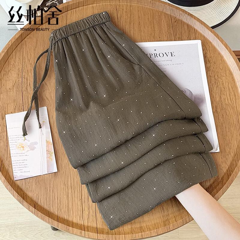 Women s Elastic Waist Rhinestone Wide-Leg Pants S