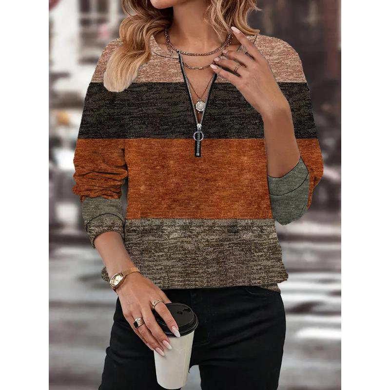 Tricou de damă cu gât în V, cu mâneci lungi, la modă, cu fermoar, cămăși de damă largi, toamnă 2025, imprimeu geometric color block, haine casual