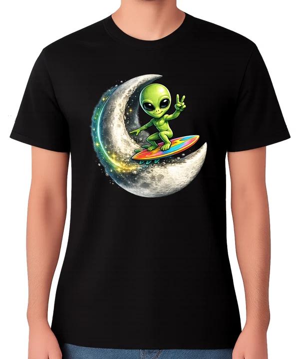 Alien Surfing Moon T-Shirt Funny Space UFO Cosmic Graphic Unisex Tee XXXL