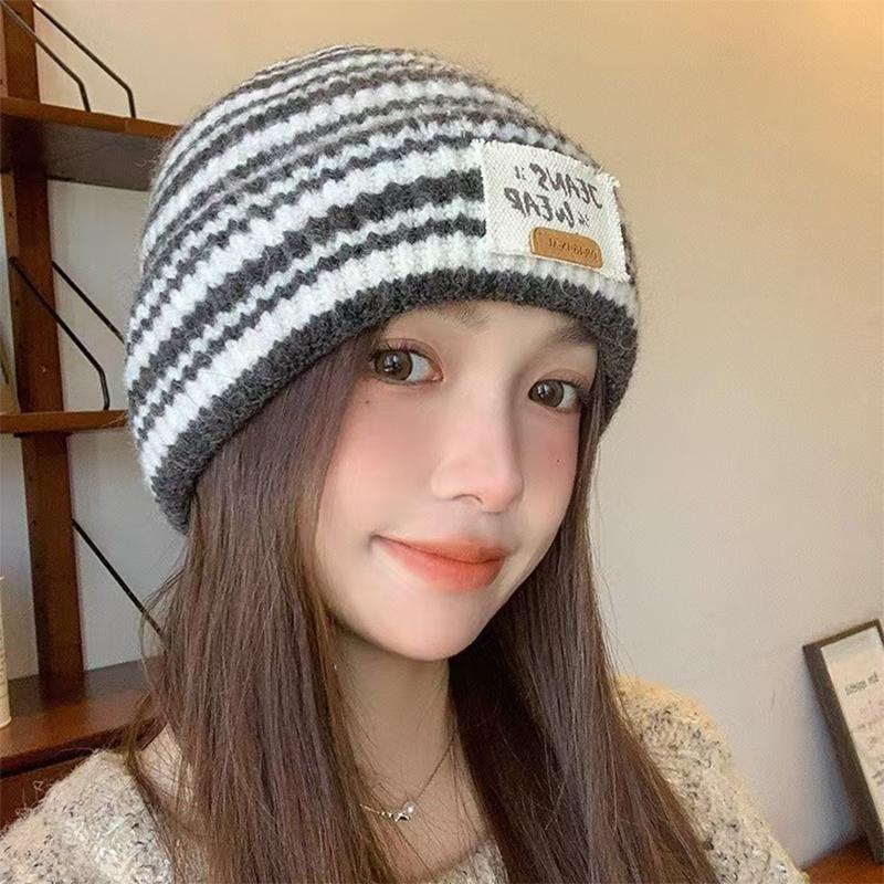 Autumn And Winter  Striped Versatile Korean Style  Large Head Circumference Wool Knitted Hat Pullover Hat For Women