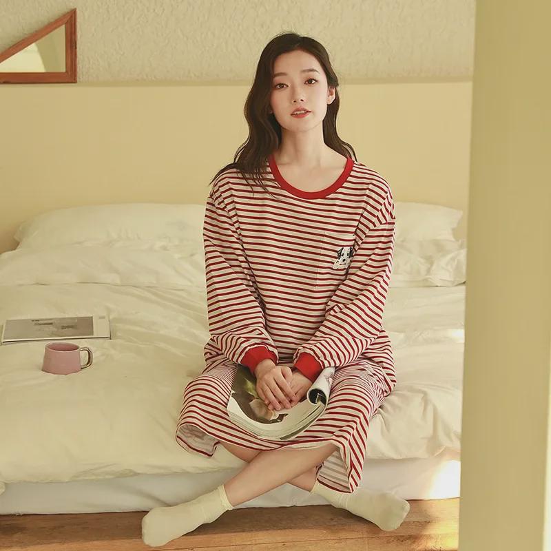 "High-End Striped Long-Sleeve Nightdress with Chest Pad for Women - Over-the-Knee, Large Size, Cotton, Spring to Summer"