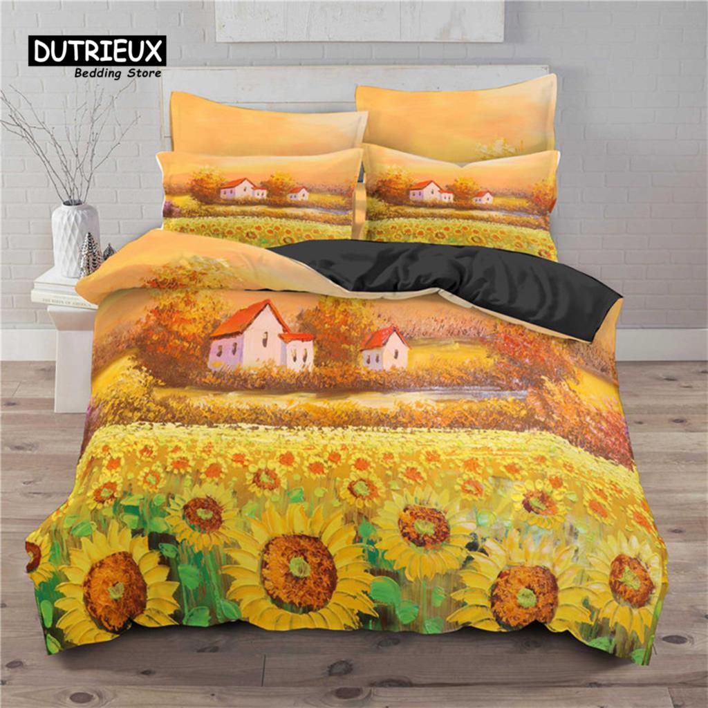 Sunflower Bedding Set Modern Microfiber Yellow Flowers Print Duvet Cover Alluring Sunflowers Summer Inspired Design Quilt Cover
