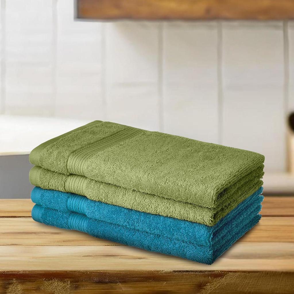 100% Cotton 4 Piece Hand Towel Set, 500 GSM (Olive Green and Turquoise Blue)