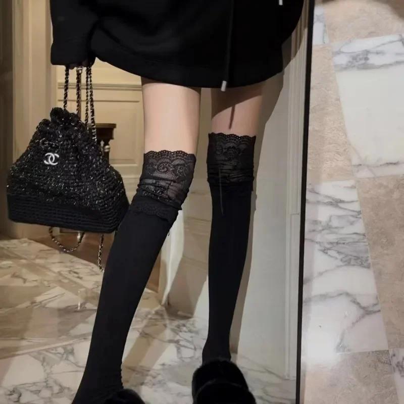 

Socks Women Autumn Winter Thigh High Lace Cute Lolita Warm Stockings Black White Long Leg Socks For Girl Boot Accessories One Size
