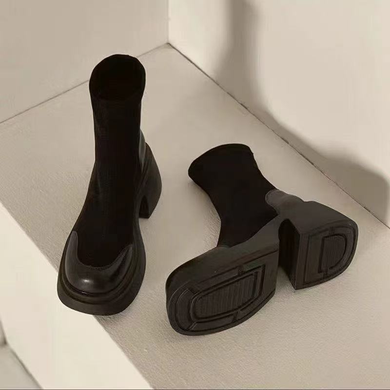 Size 35-43, Large Size Women's Shoes High Heel Martin Boots Women's 41 Thick Heel Retro Fleece Skinny Boots British Short Boots 42