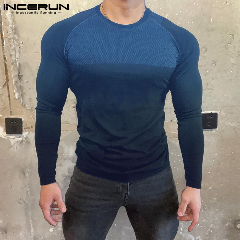 INCERUN Men O Neck Long Sleeve Polka Dots Print Gradient Tops Slim Undershirts