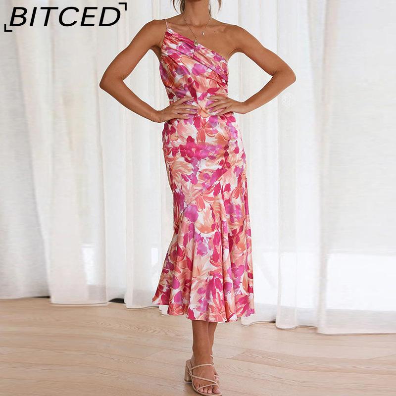 BITCED Women's Commuter Dress: Minimalist, Elegant, and Stylish with a Slanted Neckline, Straps, and a Fishtail Print