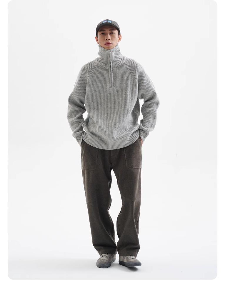 Men's High-Neck Half-Zip Thick Knit Sweater, Retro Loose-Fit Pullover for Autumn/Winter