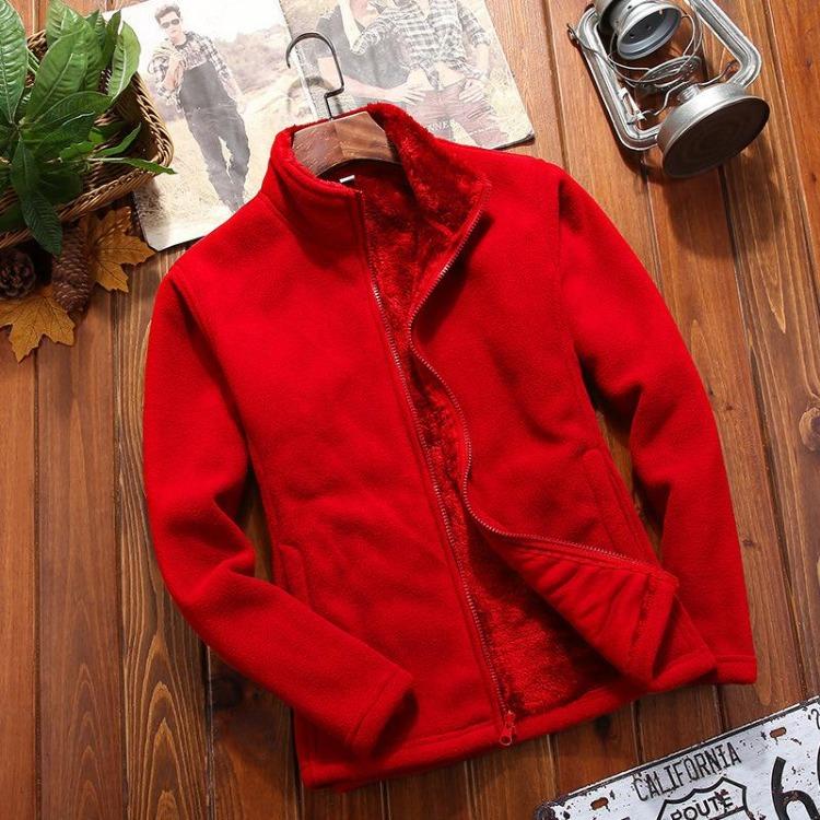 Warm Thick Winter Polar Fleece Jacket Coral Solid Color Sweater Coat