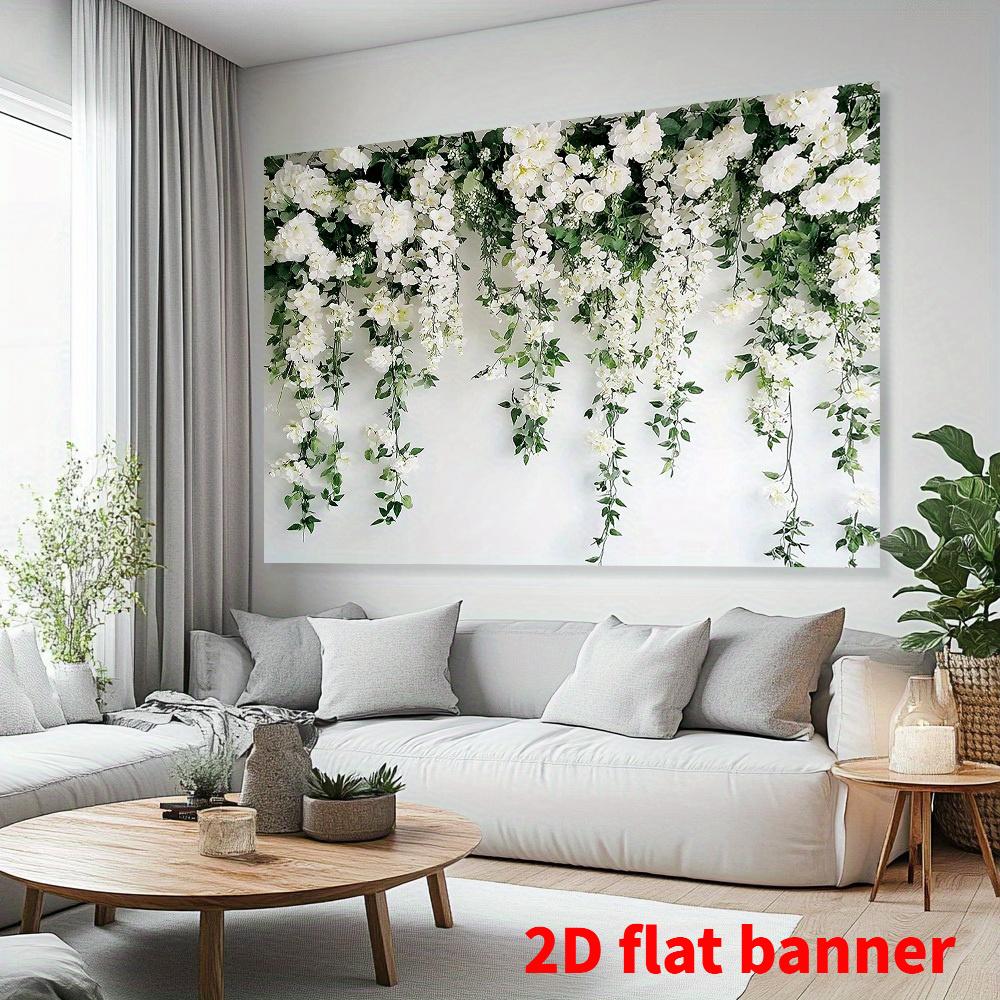 2D flat banner 1 piece of polyester wall backdrop with white flowers and green plants design elegant home decoration
