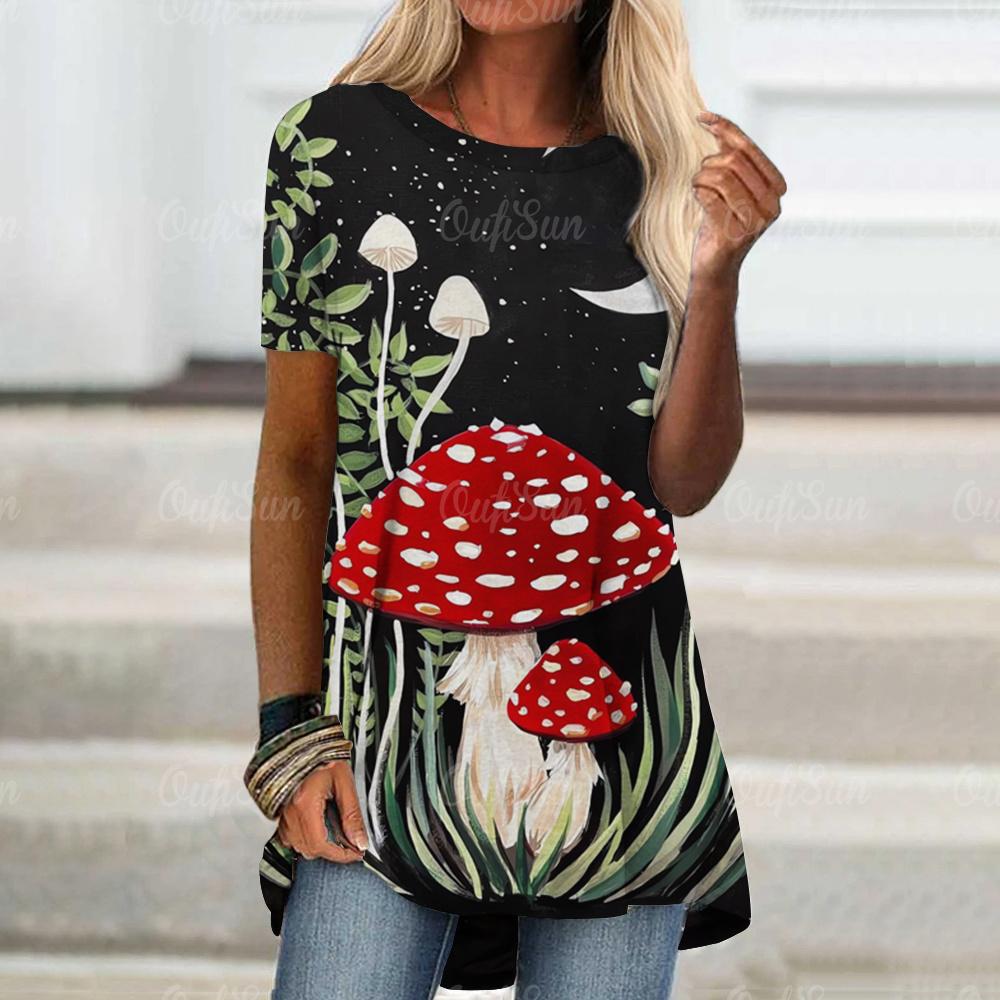 Πολύχρωμο γυναικείο μπλουζάκι με στάμπα με μανιτάρια Summer O Neck Loose κοντομάνικο μπλουζάκια για γυναικεία Street Casual Tees Γυναικεία καθημερινά ρούχα