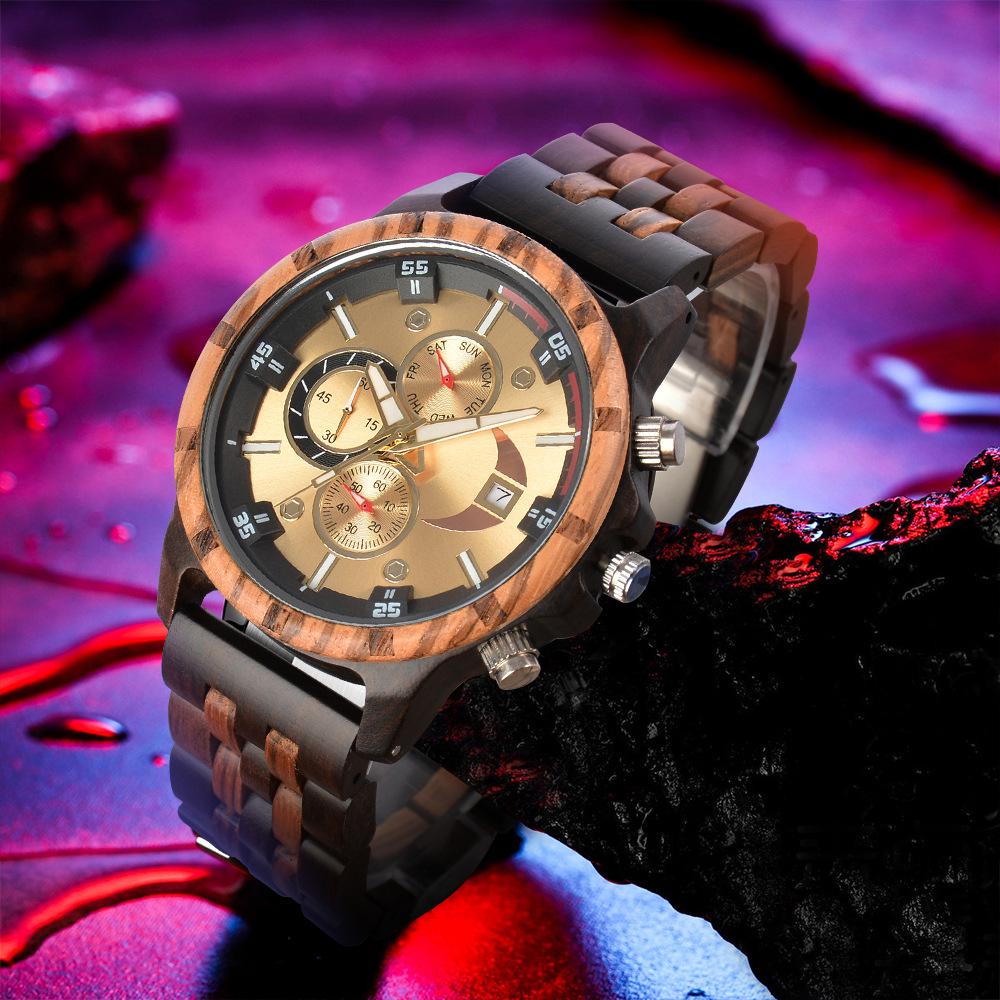 Men's Quartz Wooden Watch with Luminous Multifunctional Large Dial