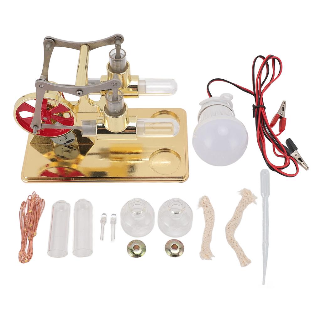 Stirling Engine Model Kit Early Educational Double Cylinder All Metal Wooden Base Stirling Engine Mo