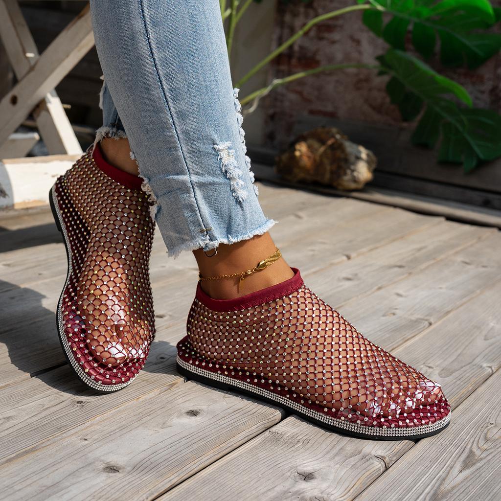 Summer Sexy Large Size Flat-bottomed Hollow Sandals Women's 2025 Summer New Round Head Sandals with Diamonds Short Boots