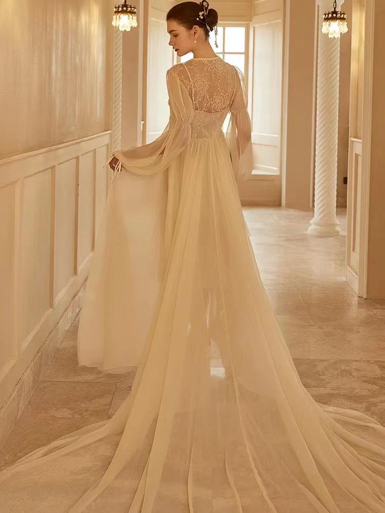 Robe d'été chic beige en mousseline 2025: Style de robe de chambre du matin, parfait pour les vacances ou les photos de mariage (F912)