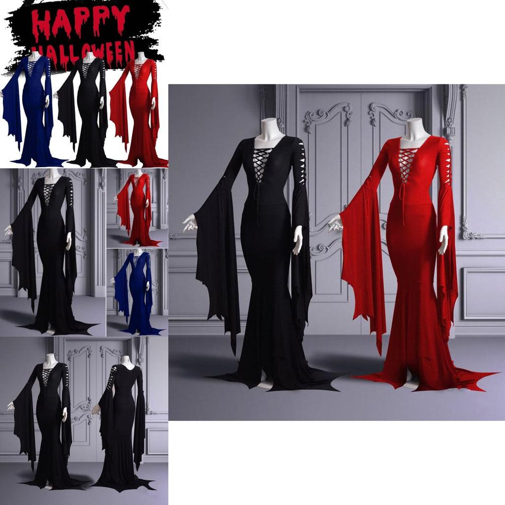 Stunning Gothic Style Long Sleeve V Neck Dress With Bell Sleeves Perfect For Halloween Available In Red And Black And Blue Sizes S To 5xl