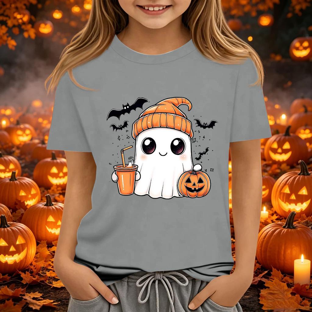 Kids' Halloween Printed Short Sleeve Neck T-Shirt, Loose Fit Top