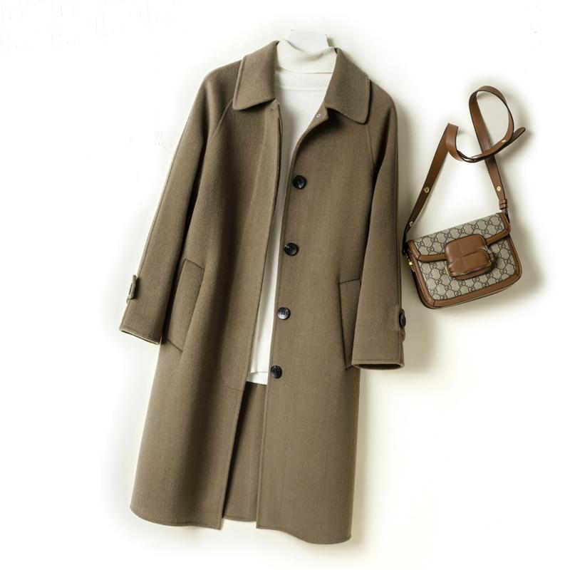 Dámský kabát ze 100% vlny MODERNÍ NOVINKA SAGA Podzimní vlněný dlouhý kabát Ručně vyrobený hráškový kabát Zimní teplá vlněná dlouhá bunda