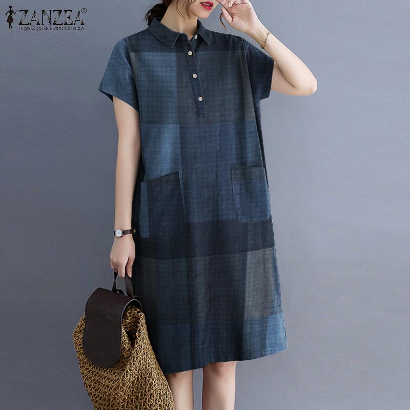 ZANZEA Rochie Casual Largă cu Mânecă Scurtă și Guler Turn-Down pentru Femei