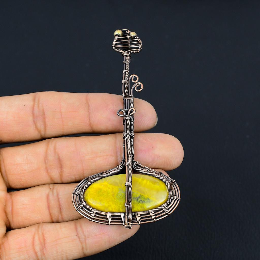 Guitar Bumblee Bee Jasper Handmade Copper Wire Wrap Pendant 3.82 g4m13