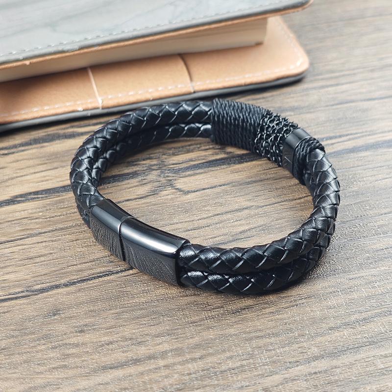 Black Braided Leather Bracelet for Men Stainless Steel Chain Detail Magnetic Buckle Fashion Male Jewelry Birthday Gift