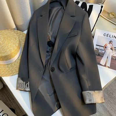 Chaqueta de Traje Gris para Mujer - Estampado Estilo Nacional, Primavera/Otoño, Blazer Pequeño Versátil Casual