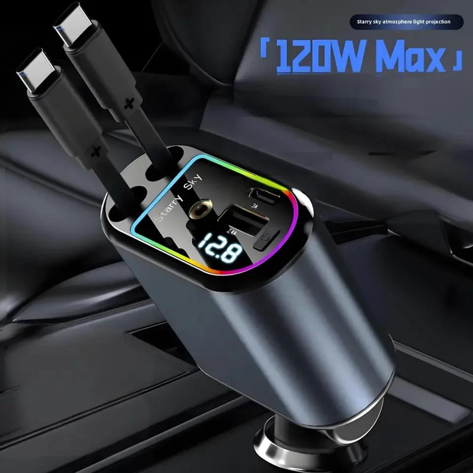 5 In 1 Retractable Car Charger with Starlight Type-C 180W Car Charger Adapter Car Phone Charger for iPhone & Android