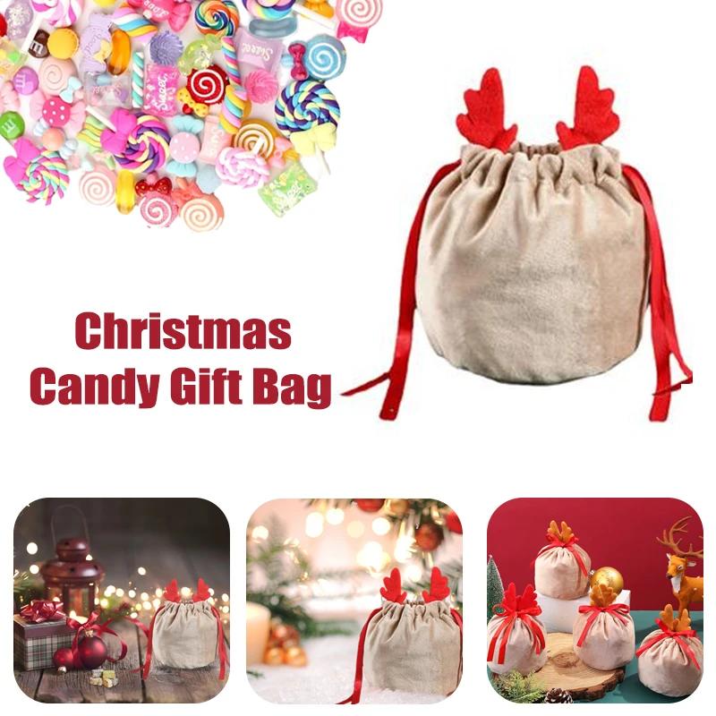 2Pcs Christmas Candy Gift Bag Velvet Santa Drawstring Gift Bags Christmas Decoration Kids New Year Party Gift