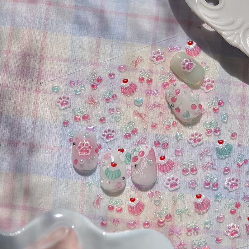 Fresh Sweet Fruits Strawberry Cherry Bowknot Love Heart Bow 5D Nail Art Stickers Self Adhesive Decorations Nail Manicure Decal