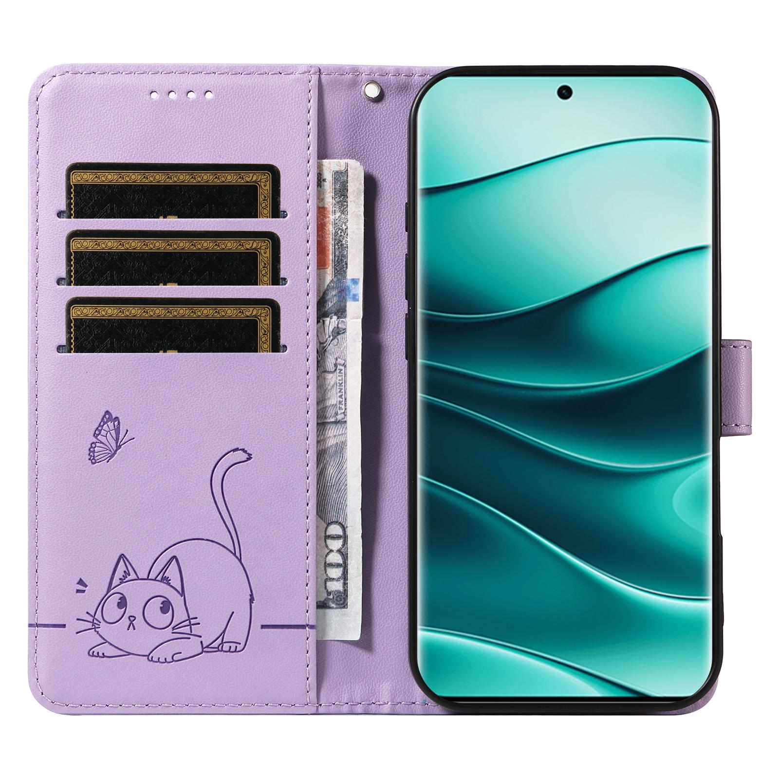 

Wallet Case for Xiaomi Redmi Note 14 Pro 5G/14 Pro+ 5G/Poco X7 5G Cat Pattern Imprint Leather Phone Cover with Wrist Strap Blue