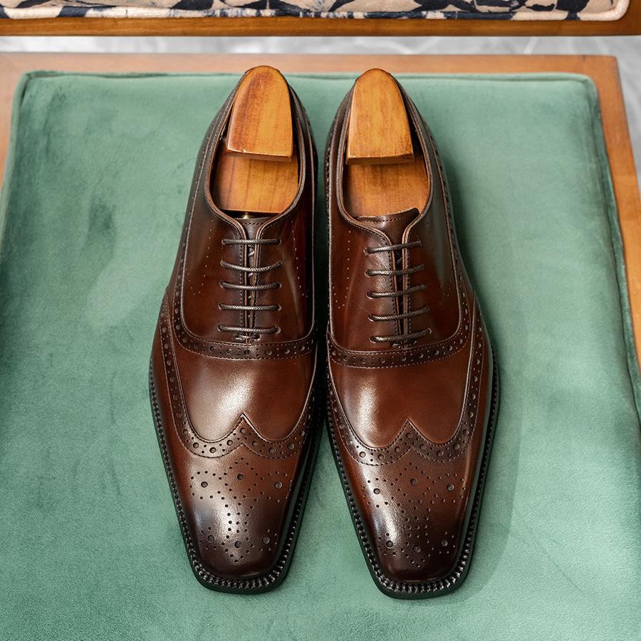 British retro business dress Oxford leather shoes men's light luxury handmade cowhide breathable Brock carved trendy shoes