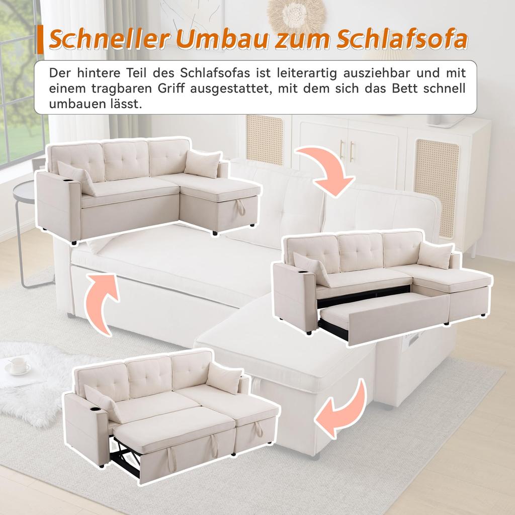 Corner Sofa with Sleep Function: Sofa Bed with Storage, Sleeper Sofa Storage, Cup Holders, Side Pockets, L-shaped, Beige