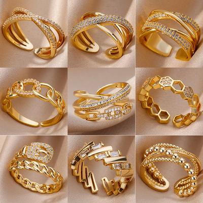 Fashion Gold Color Stainless Steel Rings For Women Chain Hollow Out Crystal Zircon Finger Ring Jewelry 2023 Gift Anillos Mujer