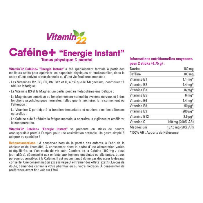 VITAMIN 22 - Caféine+ - Energie Et Vitalité Quotidienne - Sans Gluten - Cure De 7 À 14 J - 14 Sticks