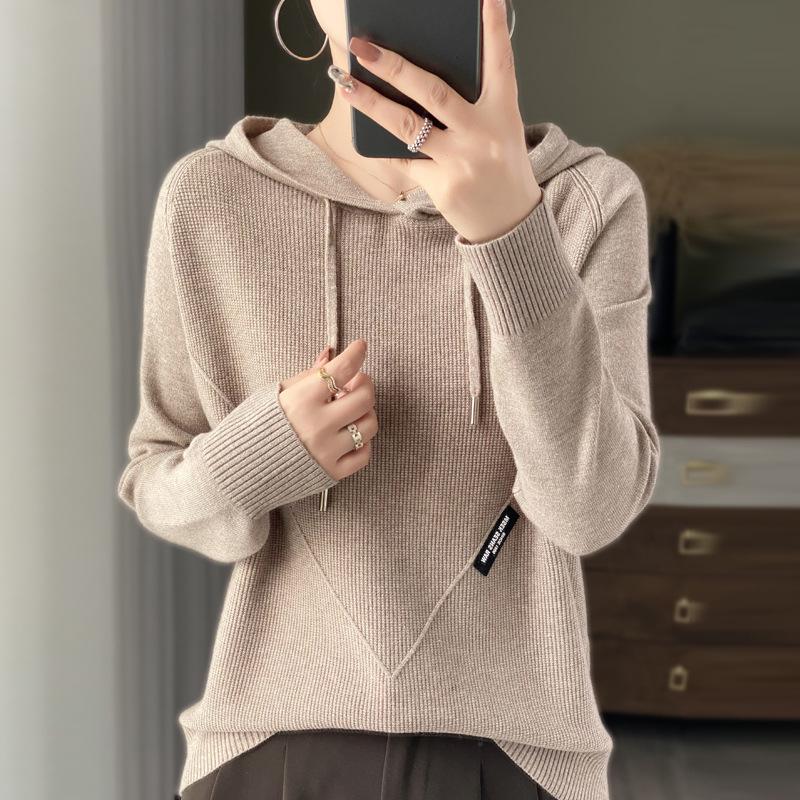 INDFS Women's Fashion Casual Fall Winter Solid Color Print Long Sleeve Hooded Sweaters