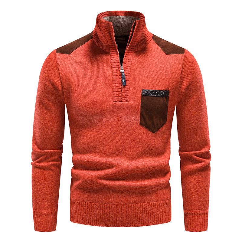 Winter Men Stand Collar Sweater Men Patchwork Knitwear Jumpers Slim Fit Brown Knitted Sweater Male Fleece Warm Pullover