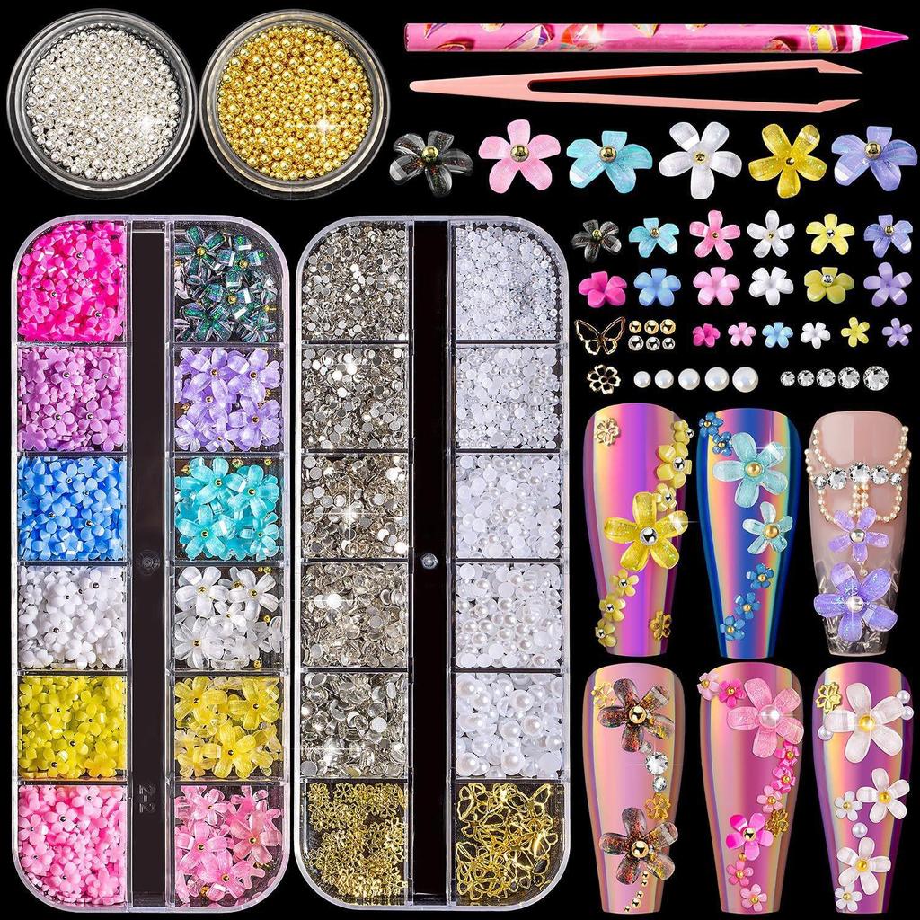 Nail Art Resin Bow & Pearl Star Tweezers Set