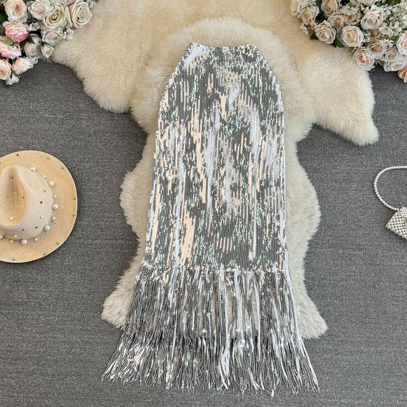 

Socialite Glitter Stretch High Waist Mid Length Long Length Skirt Silver S