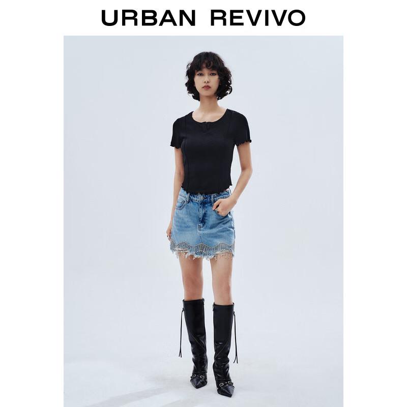 UR 2025 Spring Women's Ruffle Edge Slim Short Sleeve T-shirt