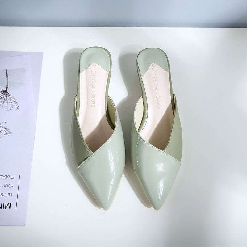 

Soft leather 3CM cat heel small red shoes slippers wine glass heel pointed shoes low heel high heels patent leather non-slip bag head slippers 40 зелений