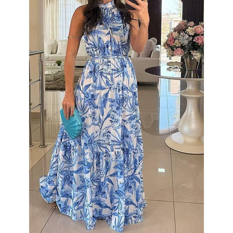 Fashion Wind New Arrival Print Sleeveless Halter Dress Printed Sleeveless Lace up Dress