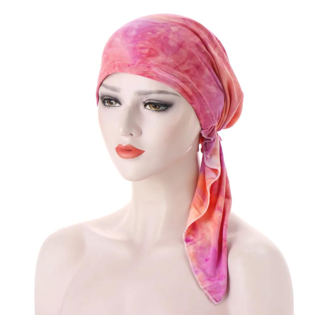 Women Printed Turban Cap Muslim Hijab Inner Caps Beanies Bonnet Long Tail Headscarf Strech Bandana Hat