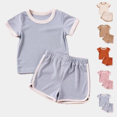 Boys Girls Ribbed Summer Outfit Set Toddler Short Sleeve T Shirt Shorts Children 2Pcs Clothes Sets Korean