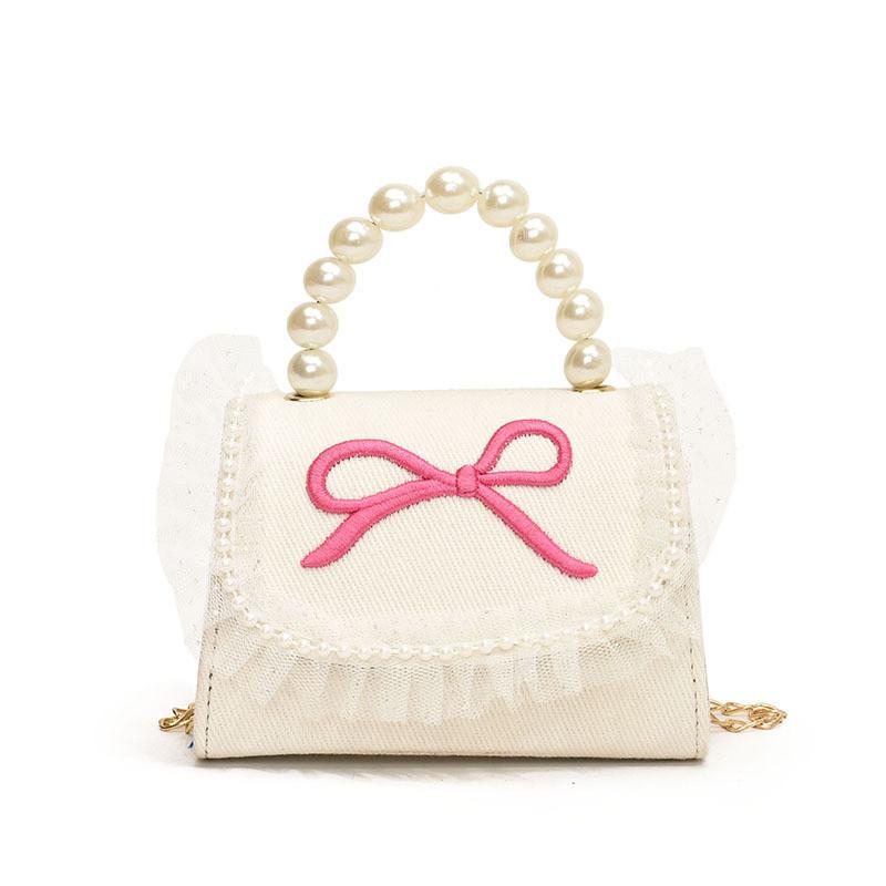 Elegant Pearl Handbag For Girls With Lace Trim And Charming Bow Design белый