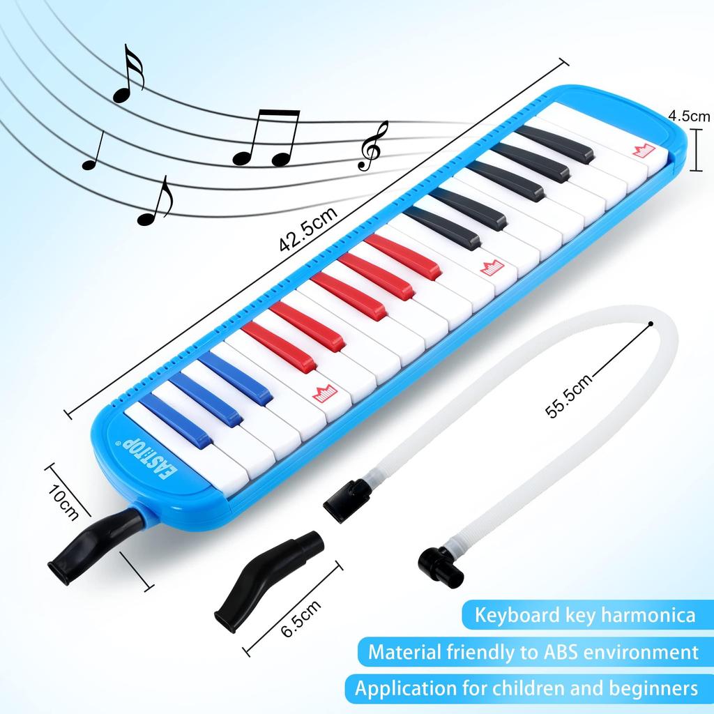 East Top 32-Key Keyboard Harmonica for Elementary School Students, Lightweight, with Melody Piano Hose, Standing Play, and Case (Blue)